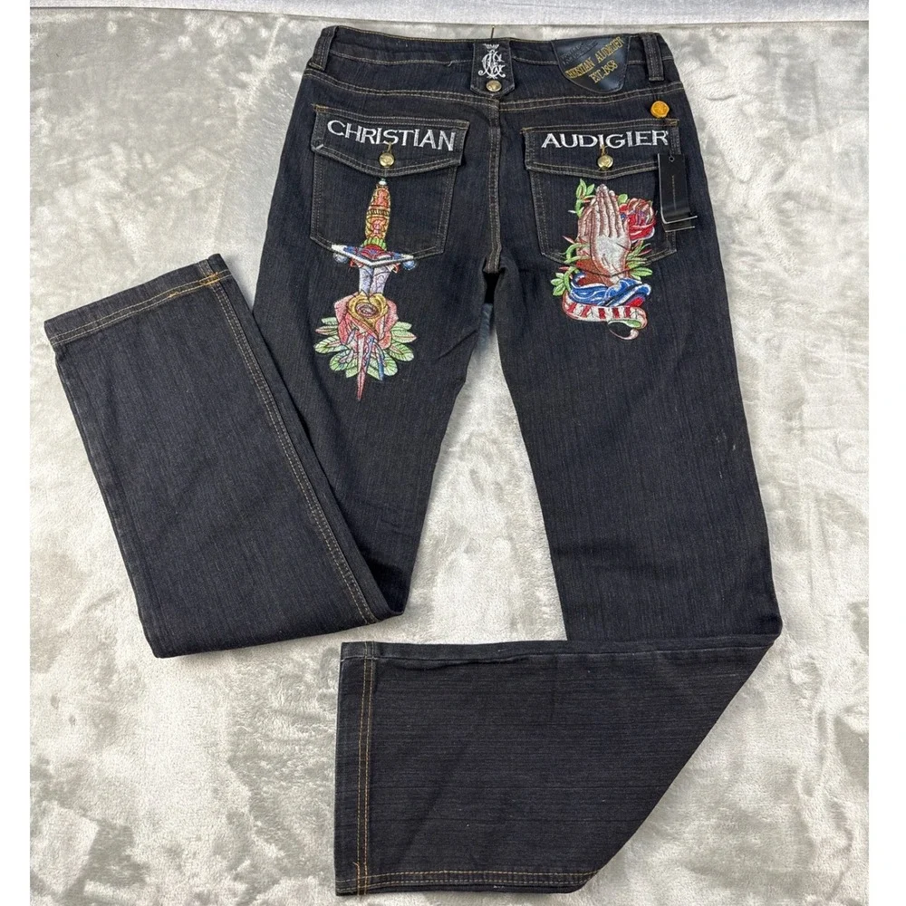Christian Audigier Jeans Mens 31x34 Straight Dark Wash Embroidered Tattoo EUC